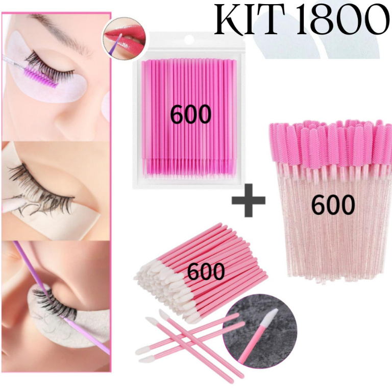 Kit 1800 - 600 Escovinhas + 600 Microbrush + 600 Aplicador de Batom Alongamento Cilios