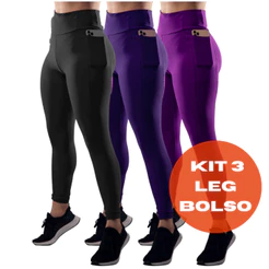 Kit 3 Calça Legging Feminina Cós Alto Cintura Alta Bolso Lateral Suplex Academia Treino Fitness Corrida
