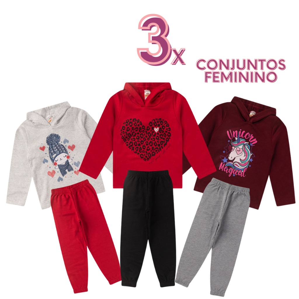 Kit 3 Conjunto moleton infantil feminina de inverno com calça infantil de moleton peluciado roupas infantis baratas.