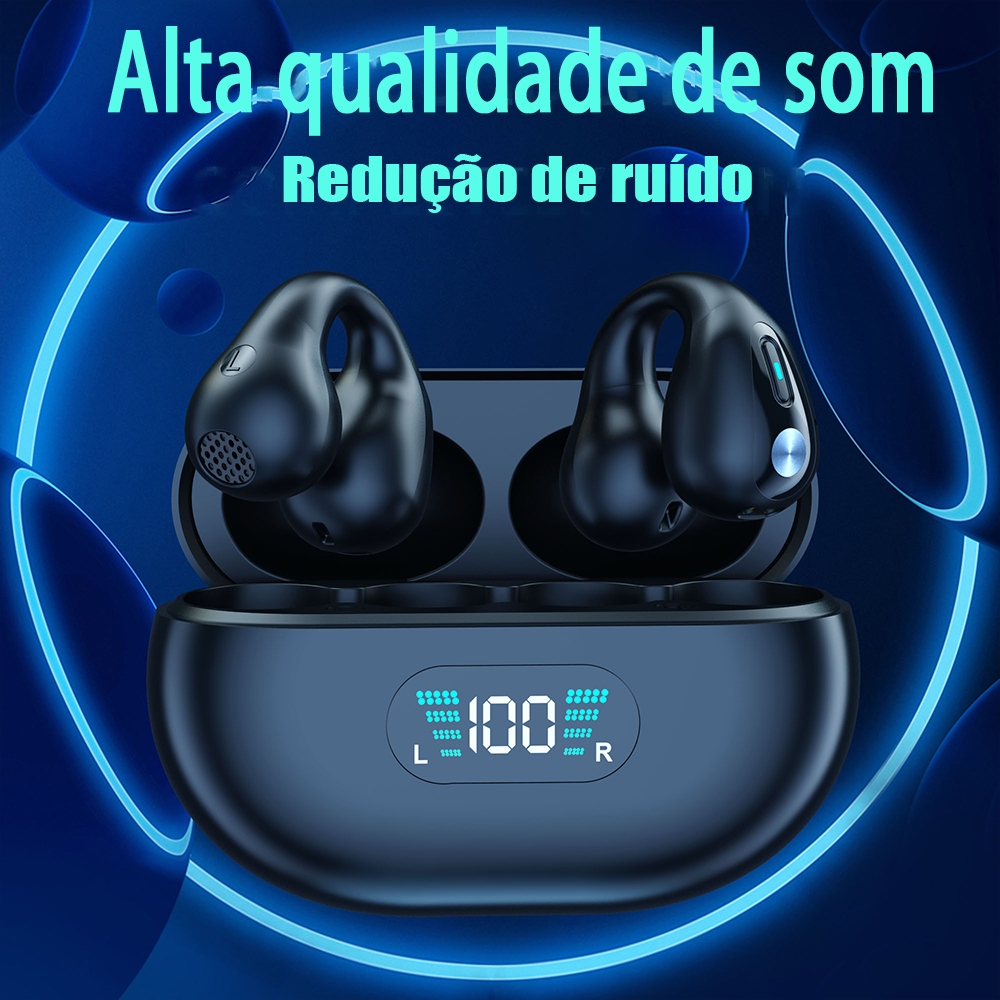 TWS Fones ouvido sem fio Bluetooth de condução óssea visor digital esportivo alta qualidade com redução ruído real