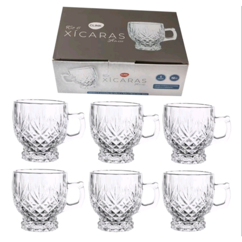 CONJUNTO SEIS XICARAS DE CAFE CHA EM VIDRO LUXO ELEGANTE DE 150ml  MODELO ANISE em Oferta na Shopee