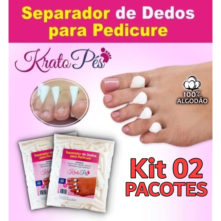 Kit Separador de dedos algodão [Kratopés] - 02 pacotes c/ 200 unidades (400 unidades total) para pés manicure pedicure podóloga