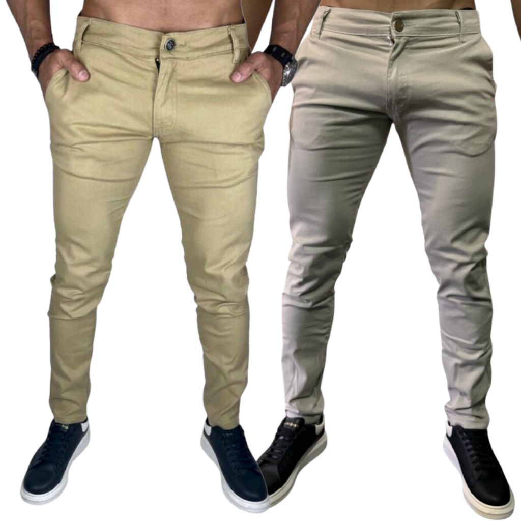 Kit 2 calças Tradicionais Slim Fit Bordô Cáqui e Caramelo em Sarja Lançamento