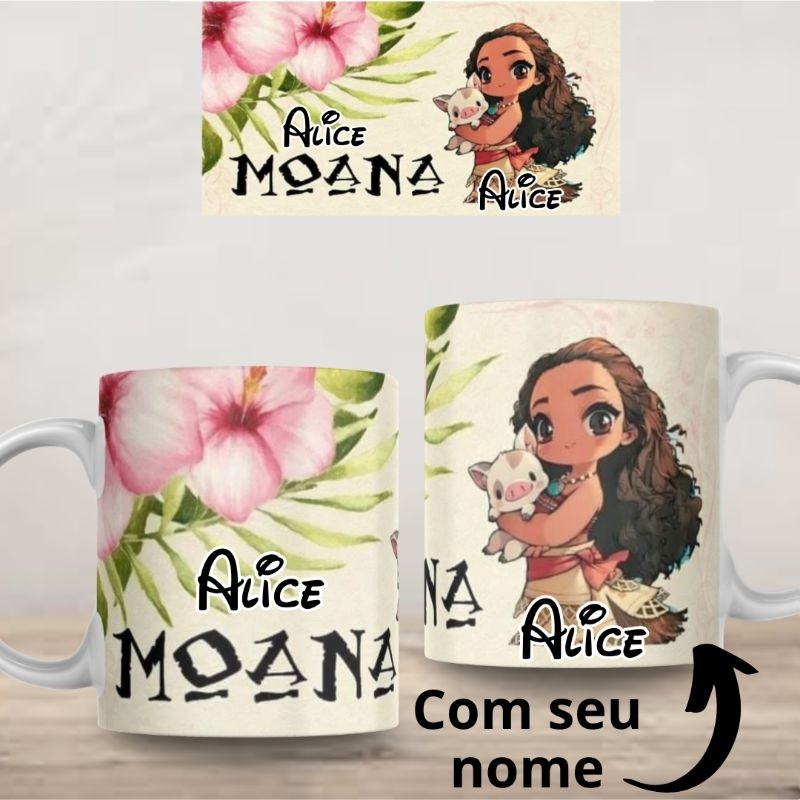 Caneca Disney Moana Personalizada Cerâmica Plastico Presente Promoção Lembrança Xícara Branca Lembrança