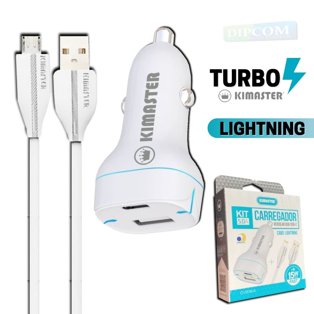 Carregador Veicular Fonte Turbo USB/TYPE-C e Cabo LIGHTNING - Original Kimaster CV206UL