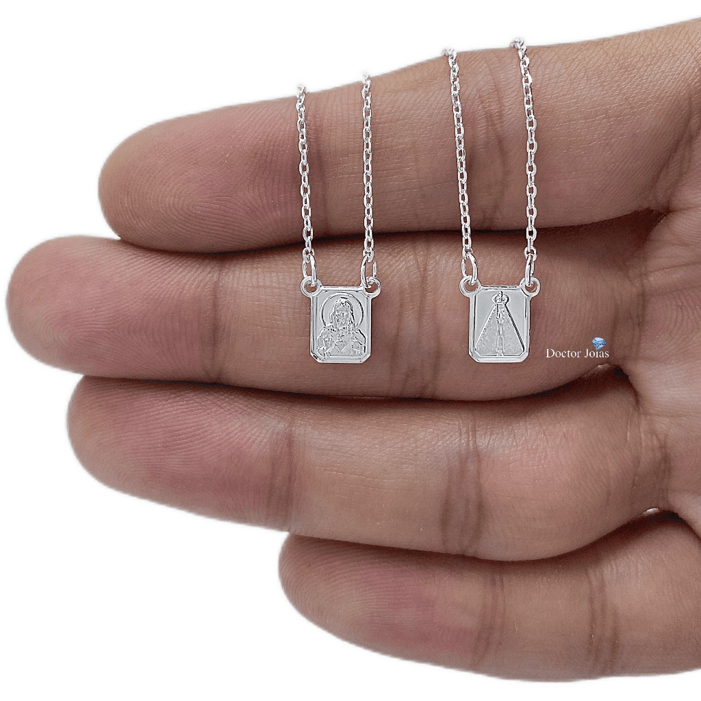 Escapulário Nossa Senhora Aparecida e Jesus Corrente 1mm Banhado a Prata