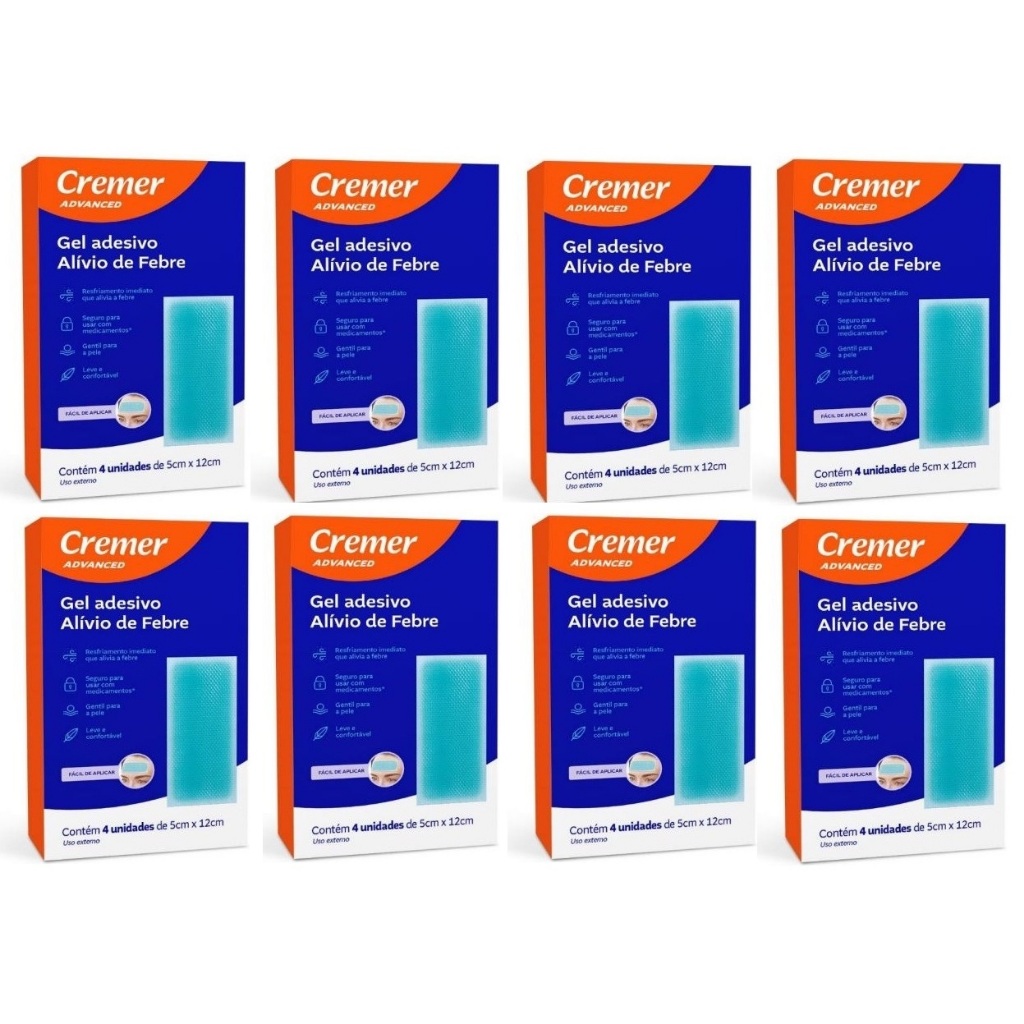 KIt 8 Compressas Refrescantes P/Alivio da Febre Com 4 Adesivos Em Gel Cremer