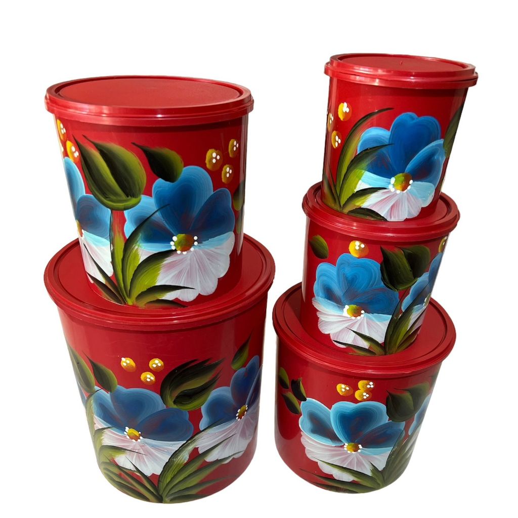 jogo 5 peças vasilhas potes redondo mantimentos decorados a mão em Oferta na Shopee