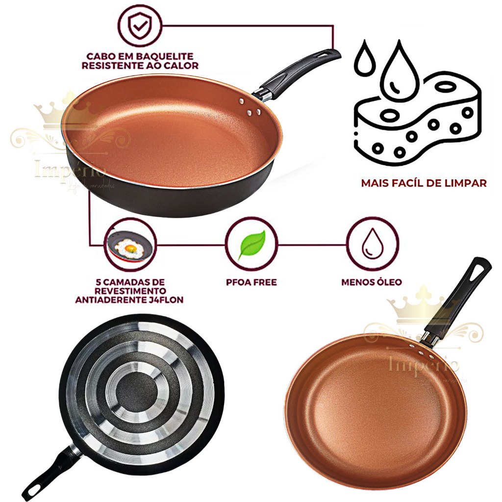 Frigideira Alta Antiaderente Com Tampa De Vidro e Espátula 24Cm Grande Teflon Cor Preto Cobre Alumínio Grosso