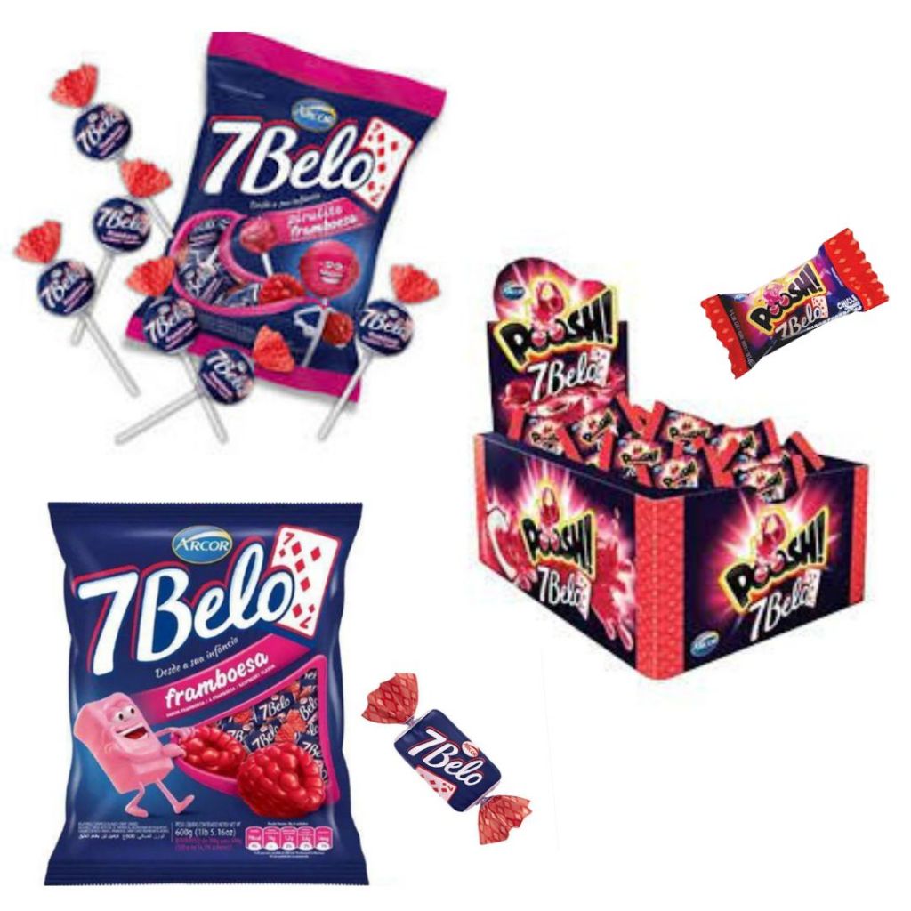Kit Doces 7 Belo Sabor Framboesa Bala Mastigável 500g Chiclete 200g Pirulito 500g Arcor 7belo