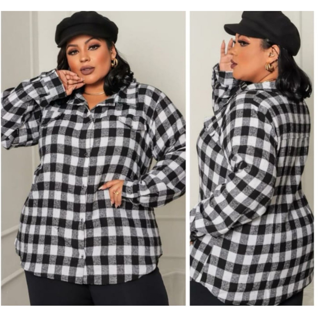 Camisa Xadrez Feminina Em Viscose Blusa Com Bolsos