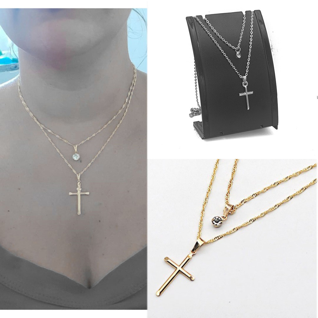 colar duplo gargantilha feminino 2 camadas folheado dourado cruz abençoada olho grego pai nosso árvore da vida jesus
