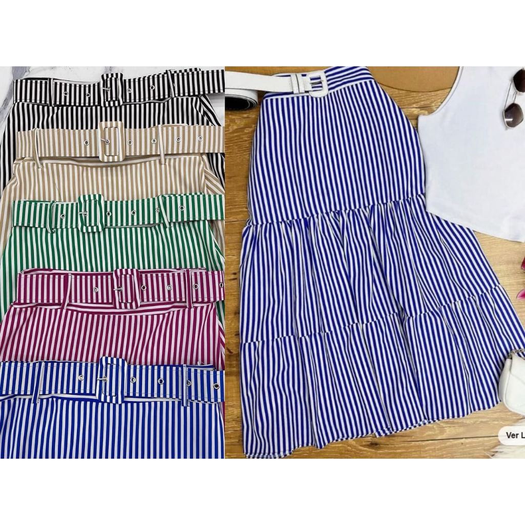 Saia 3 Marias Com Cinto Estampado Listrada -0232 em Oferta na Shopee