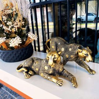 pantera estilizada grande dourado envelhecido casal leopardo decoração feito no brasil em Oferta na Shopee