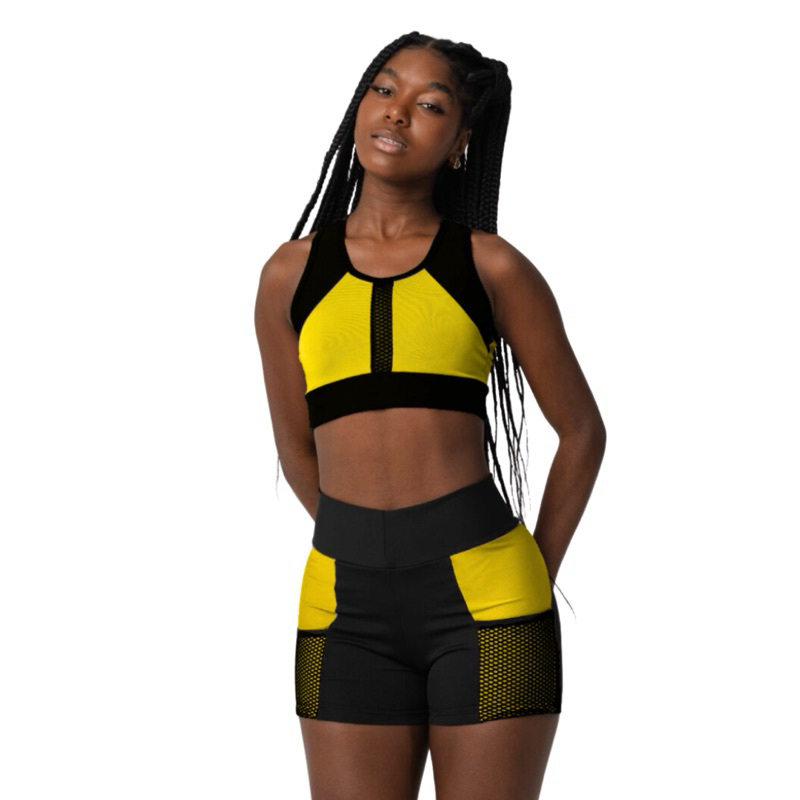 Conjunto Fitness feminino Top e short Ciclista bolso tela Academia Treino Ginastica Musculação