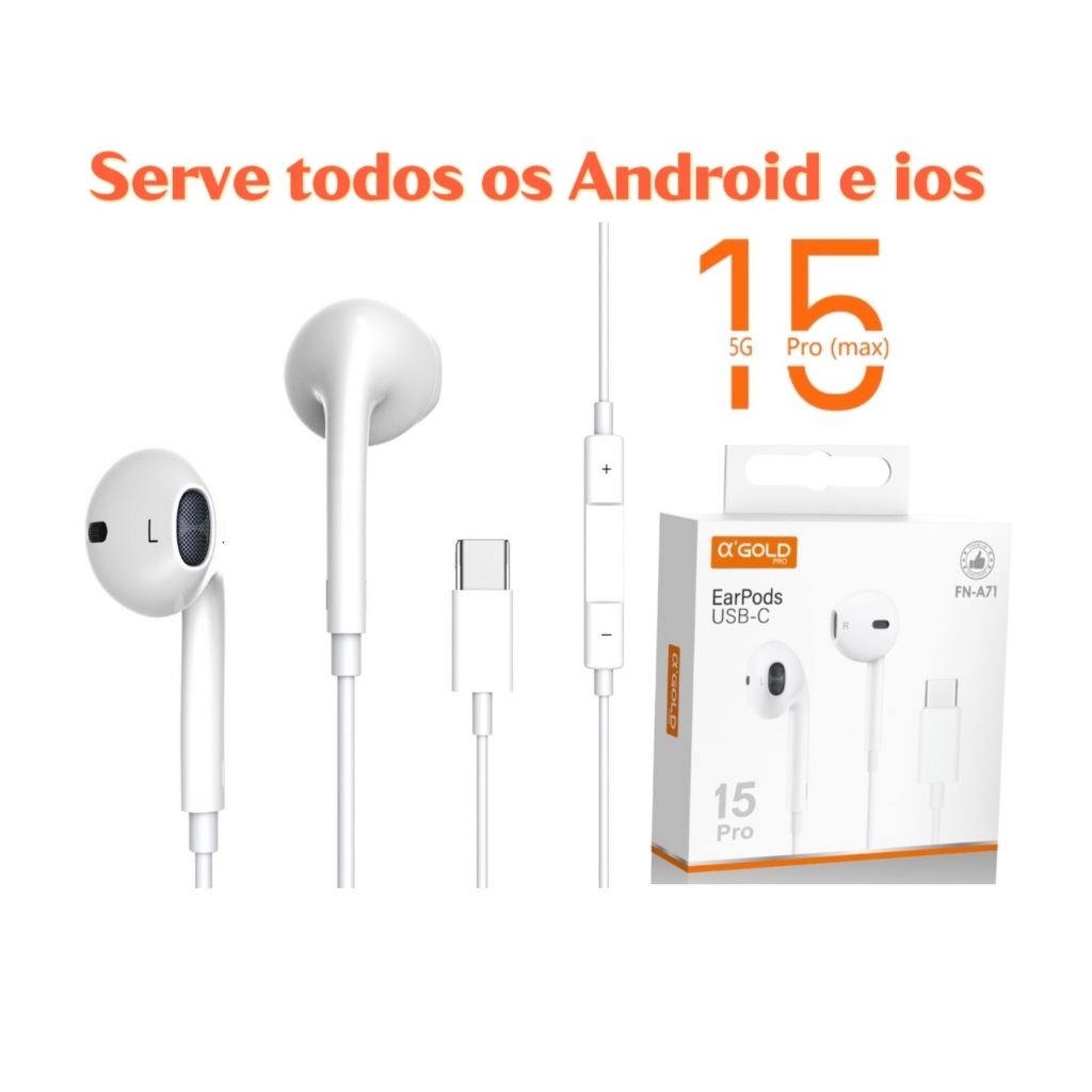 Fone de Ouvido Tipo-C Compatível Com Adroid e Iphone 15, 15 Plus, 15 Pro, 15 pro