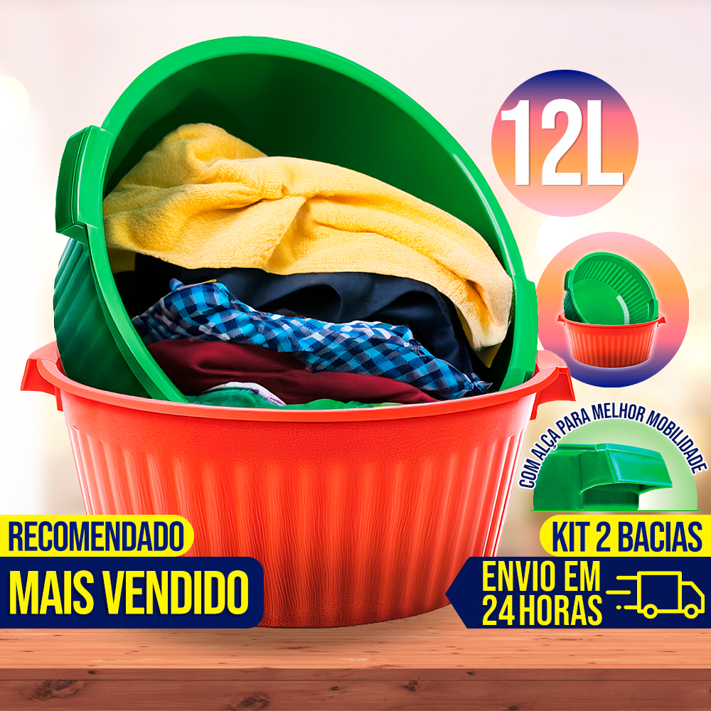 Kit 2 Bacia Grande 12 Litros Plástico Grande Resistente Multiuso 2 Alças Lava Roupa Cabe Tudo Bacias