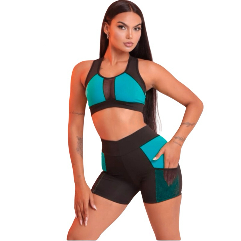 Conjunto Fitness Top e Short Ciclista com Bolso Feminino Academia Treino Ginástica