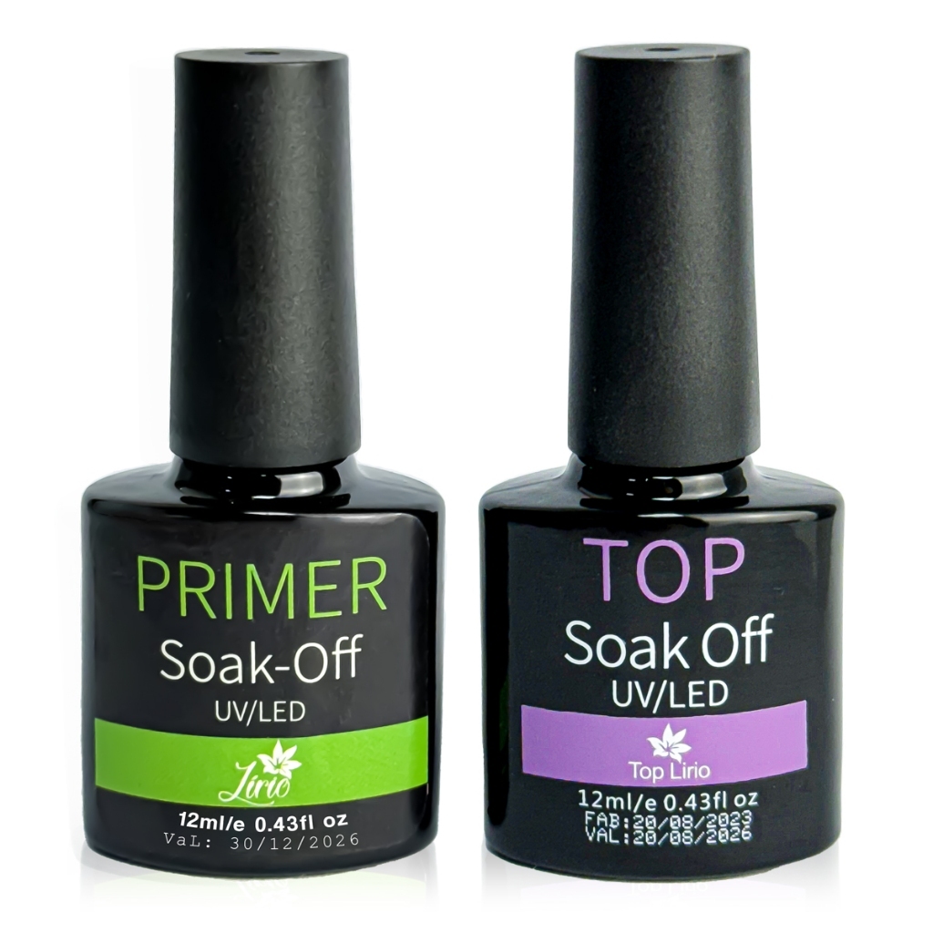 Kit Top Coat e Primer Lirió Preparadores Unhas Gel e Fibra Profissional Secagem Rápida Finalizador de Unha