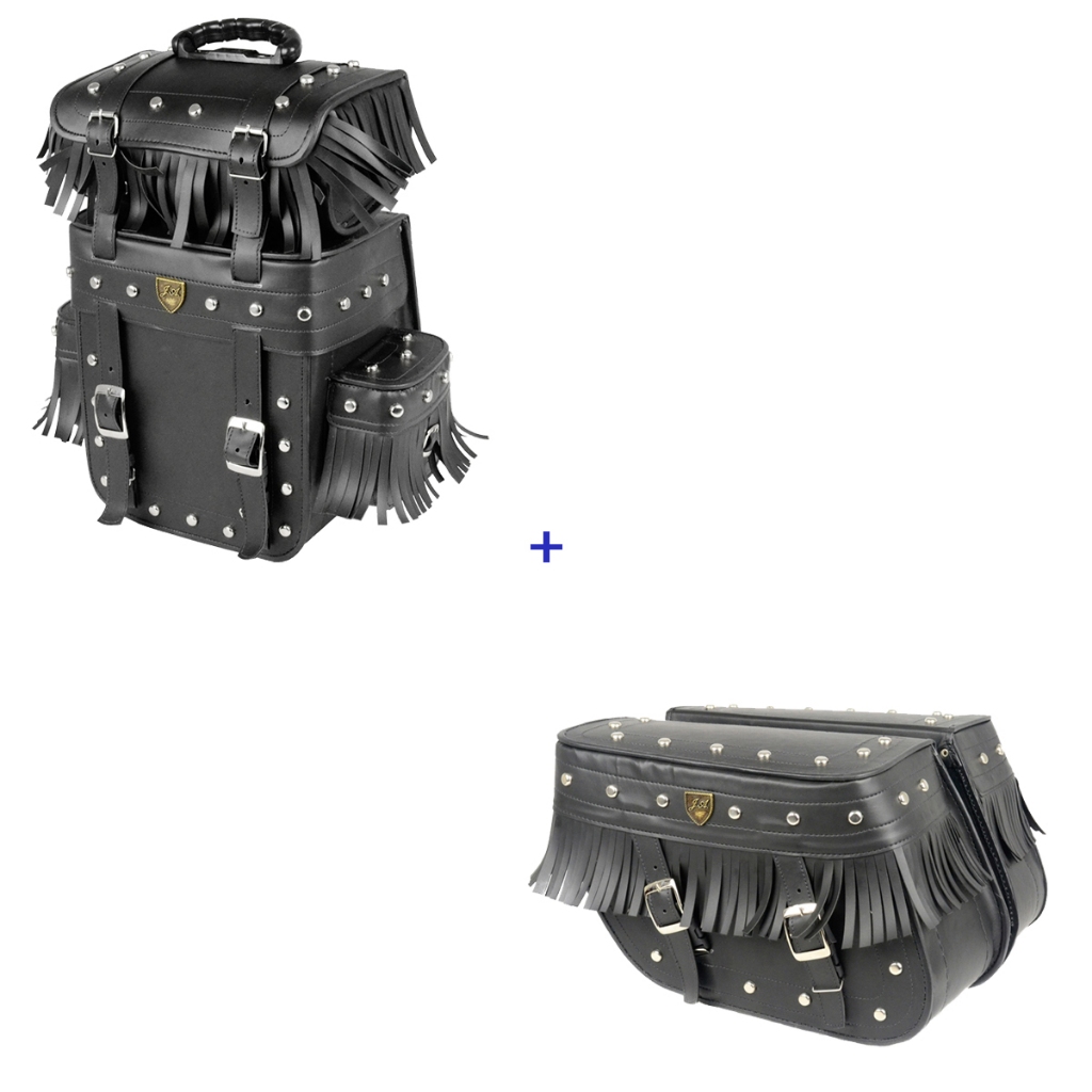 kit de alforge 32 litros com cravo  franjas e bolsa traseira 25 litros cravo e franjas