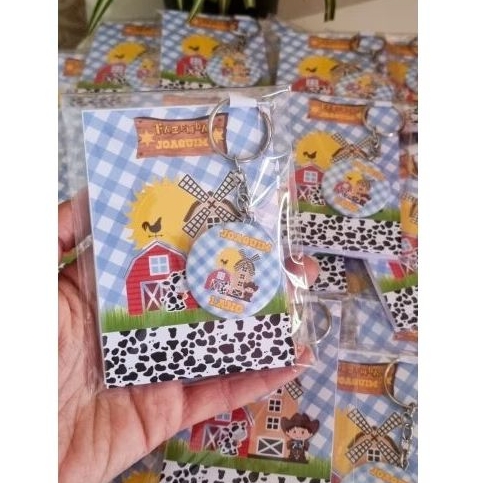 kit Lembrancinha Aniversário Fazendinha Bloquinhos + Chaveiros Personalizados Nome e Idade Festa Infantil