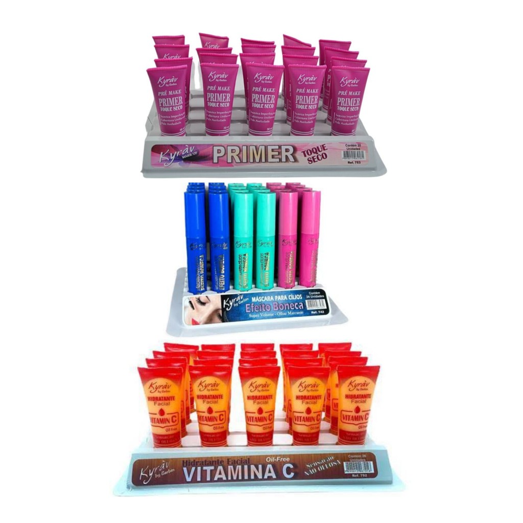 1 Box Máscara de Cílios Eeito Boneca+ 1 Box Primer toque seco+ 1Box Hidratante Vitamina C Kyrav