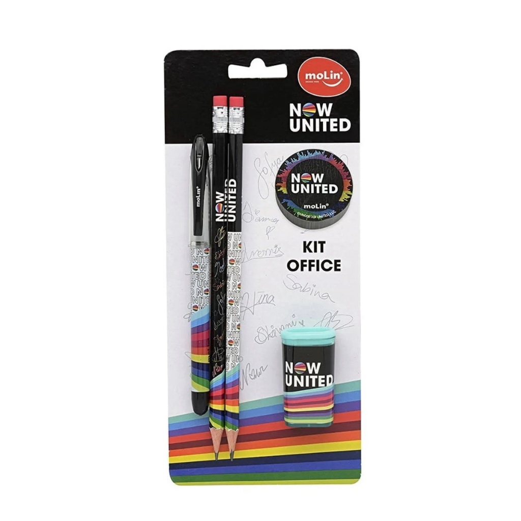 Kit Escolar Now United com  Lápis, Borracha, Apontador e Caneta 5 Itens - Molin