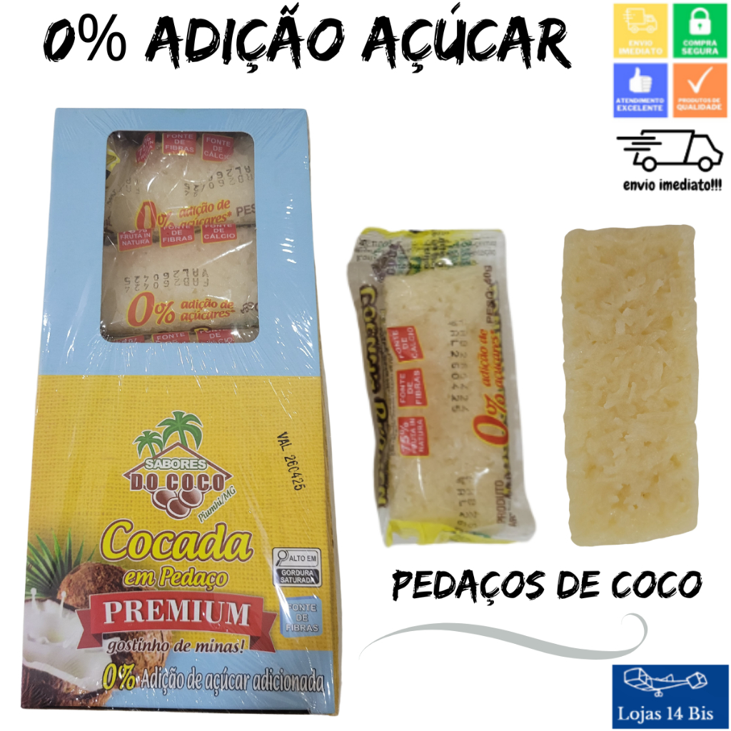 Cocada Branca Artesanal Premium 0% de Adição de Açúcar 15x40g Sabores do Coco