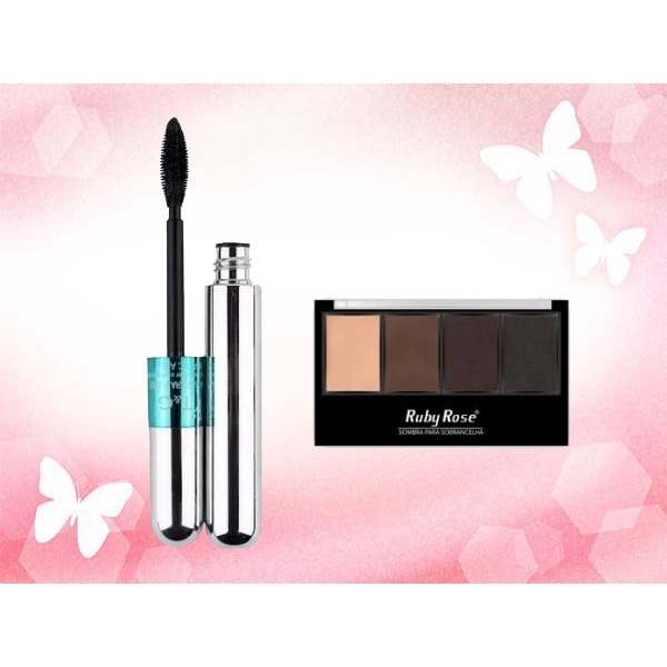 KIT Máscara para cílios a prova d'água T&G + Trio Sombra Para Sobrancelhas Ruby Rose HB9354
