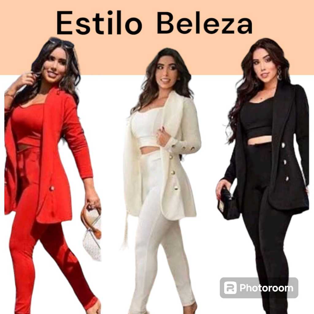 Conjunto Alfaiataria Feminino blazer  3 Peças Moda Blogueira Max Blazer Longo Cropped Calça Neoprene Premium diversas cores