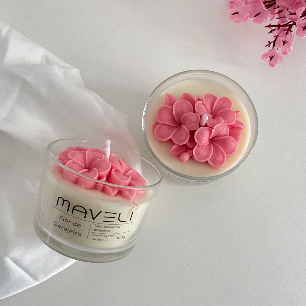 Vela aromática flor de cerejeira artesanal vegetal cera de coco
