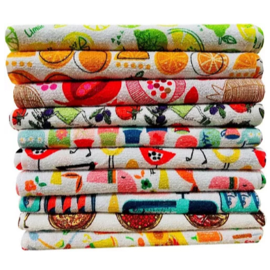 Kit 10 Panos De Prato Copa Cozinha atoalhado Felpudo Estampado Cor Branco Floral