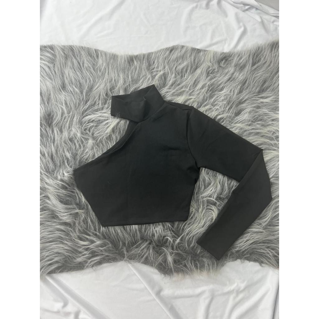 Cropped top feminino gola alta chocker preto manga longa sensual inverno estilo moda blogueira