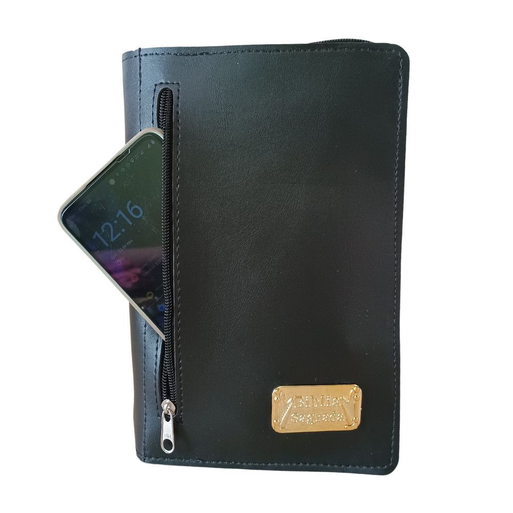 Capa para Bíblia Média Preta com Plaquinha Bíblia Sagrada c/ Bolso Externo Porta Celular - Número 11
