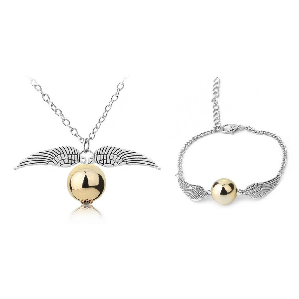 Colar e Pulseira Pomo De Ouro Harry Potter Hogwarts Prateado