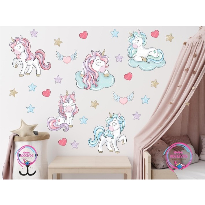 Adesivos Unicornios Para parede Quarto Porta de Vidro Janela Decoraçao Infantil Menina Menino Kit adesivos Unicornio