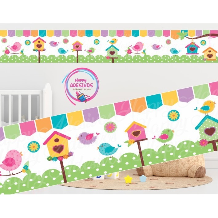 kit 2 Faixas Adesivas Jardim encantado Passaros Passarinhos - Adesivo jardim Encantado Pássaros