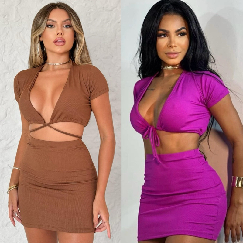 Conjunto Feminino Saia Curta Cintura Alta Mais Cropped Manga Decotado Canelado Blusinha Sensual