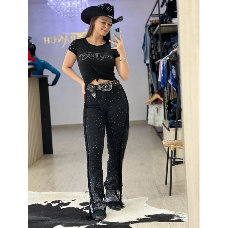 Calça  Feminina Black Franjas & Strass com Elastano Modeladora Texas Ranch Jeans Exclusiva TR98 em Oferta na Shopee