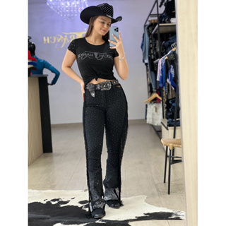 Calça  Feminina Black Franjas & Strass com Elastano Modeladora Texas Ranch Jeans Exclusiva TR98 em Oferta na Shopee