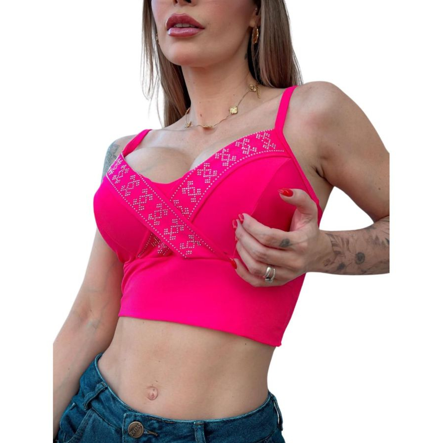 Crop Top Feminino com Bojo Blusa Suplex Light Cropped Moda Blogueira Moda Gringa Balada com Brilho