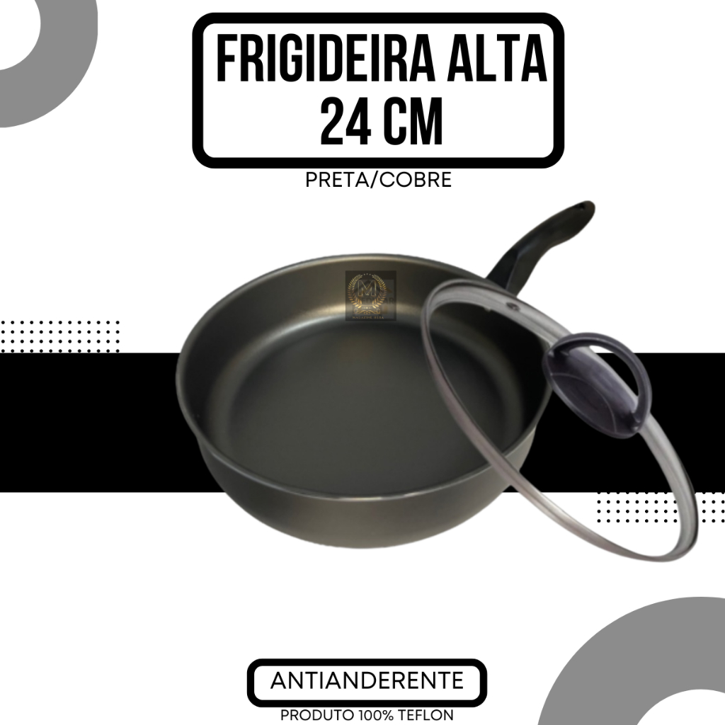 Frigideira 24 cm Antiaderente Teflon com Tampa de Vidro e Espatula Cor Grafite