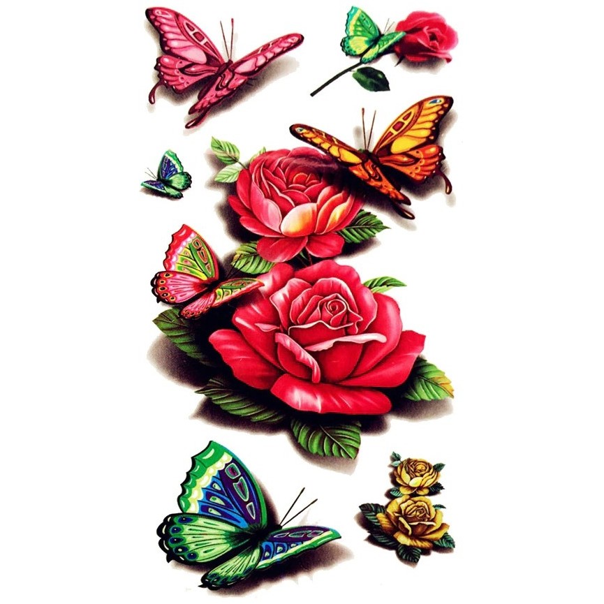 Cartela Tatuagem Temporária Fake Resistente a Água Flor Amarela Borboleta Vermelha 13x7cm