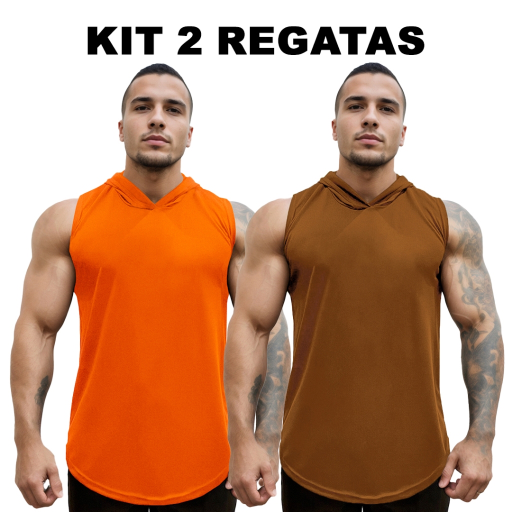 Kit 2 Regatas Laranja + Cores Masculina com Capuz em Dry Fit Lisa Sem Estampa Básica - Bombey