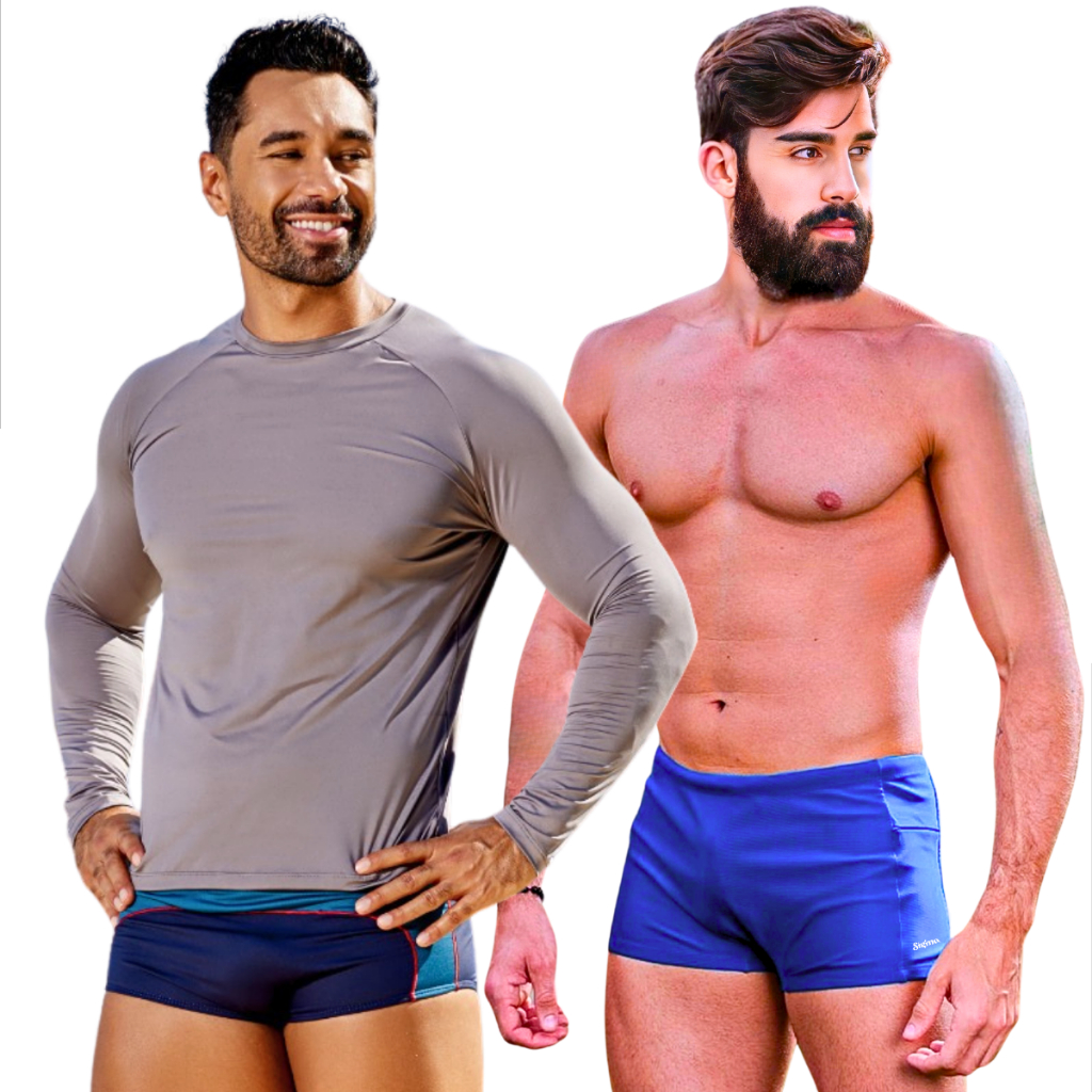 Sunga Boxer Masculina Com Bolso Lateral Camisa Térmica Malha Fria Proteção Solar Uv Moda Praia Slim