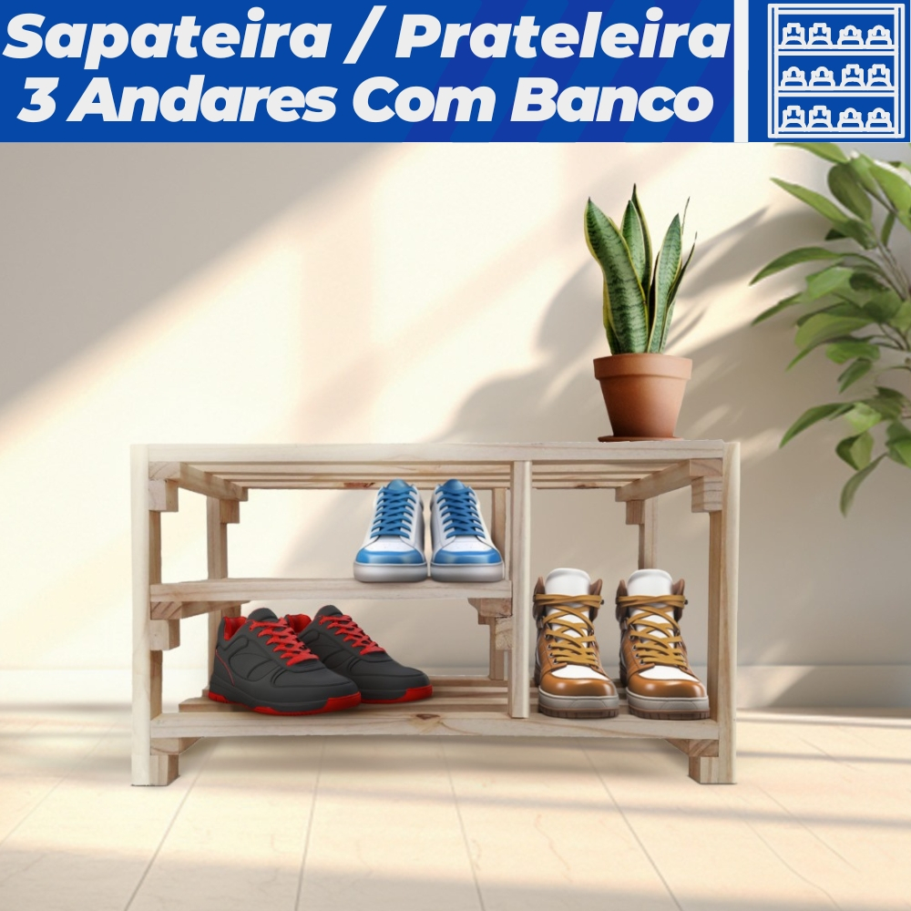Sapateira de Madeira - Banco para Hall de entrada - Com 3 prateleiras reforçadas