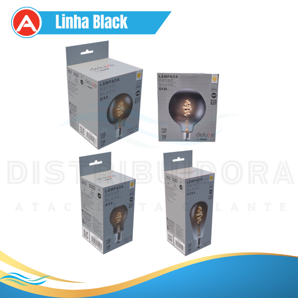 Lampadas Retro Linha Deluxe Black G95 - A60 - G125 - ST64 - 5w 2200k Ambar Avant
