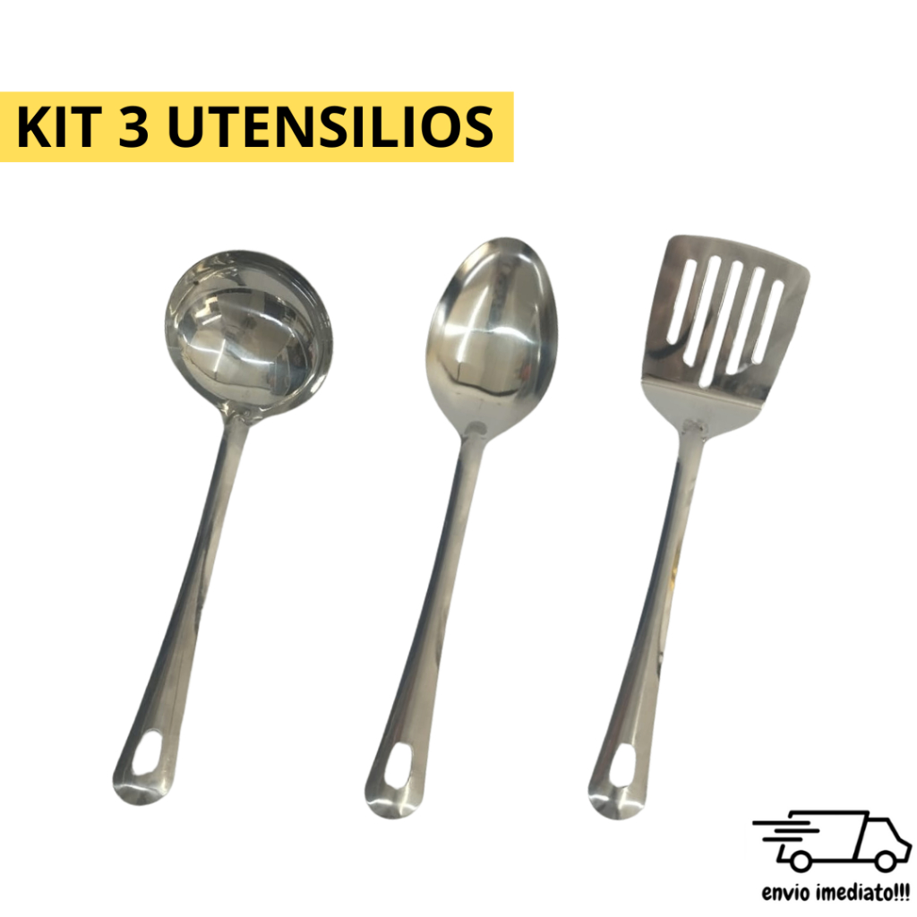 Kit 3 Peças Utilidades INOX para Cozinha Espatula Colher de Arroz e Concha Comida Cozinha Feijão