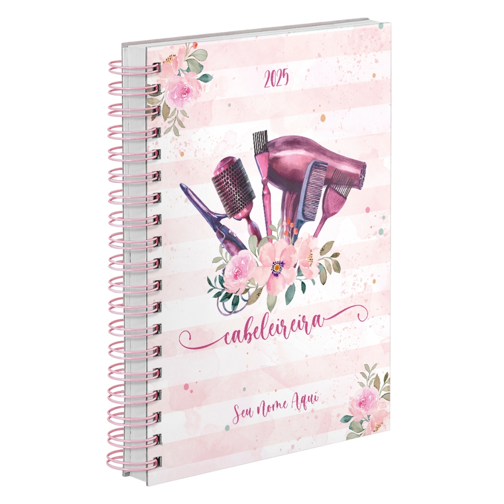 Agenda Personalizada Comercial 2025 Cabeleireira Floral Rosa 18x24,5cm