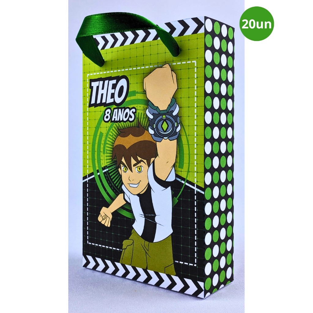 Kit 20 Sacolinhas Ben 10 Papel Offset 180g Personalizada 15,5x9,8x3,5cm Com Lacinhos Para Alça